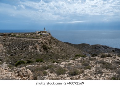 Lighthouse at Mesa Roldán overlooking Mediterranean cliffs near Carboneras, Almería, Spain.