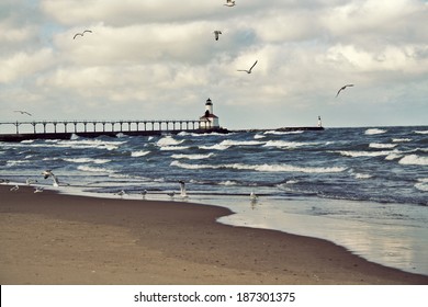 Lighthouse In Michigan City, Indiana. Lake Michigan.