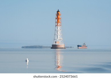 Lighthouse, navigation signs, buoyages, Buoys on calm blue water under blue sky with ship, bulk carrier in background. Photo from Szczecin Lagoon in Poland. - Powered by Shutterstock