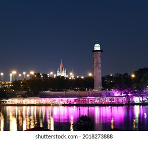 Lighthouse On Danube Island By Night In Vienna