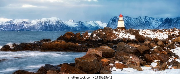 Lighthouse on the island of Gimsoy, Norway, Lofoten Islands