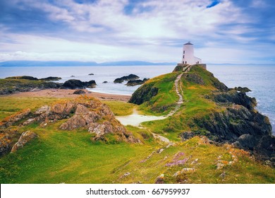 Lighthouse On Llanddwyn Island On The Coast Of Anglesey In North Wale,Uk.