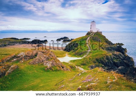 Lighthouse on Llanddwyn Island on the coast of Anglesey in north Wale,Uk.