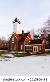 Lighthouse on Presque Isle in Erie, Pennsylvania on a winter evening