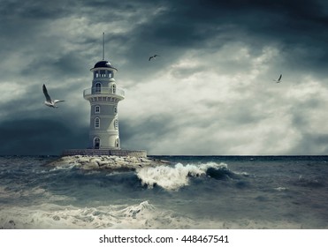 Lighthouse on the sea under sky.