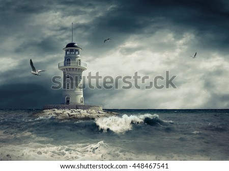Lighthouse on the sea under sky.