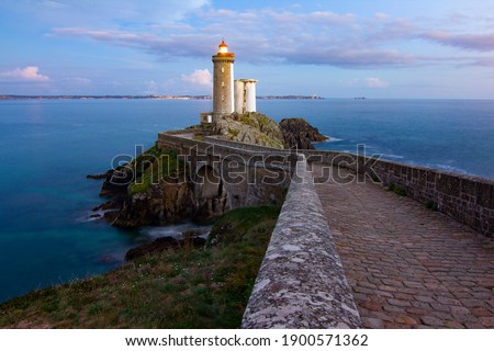 Lighthouse Phare du Petit Minou at sunset, Brittany, France.