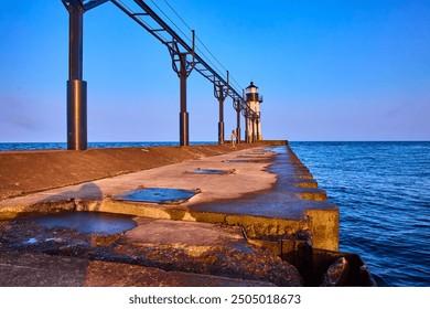 Lighthouse Pier at Golden Hour with Person Walking Perspective - Powered by Shutterstock