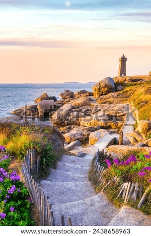 Lighthouse of Ploumanach at the golden hour in Perros-Guirec, Cotes d'Armor, Brittany, France