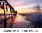 Lighthouse in Saint Joseph Michigan on a wavy summer evening at sunset, focus on railing and pier, motion blur on water