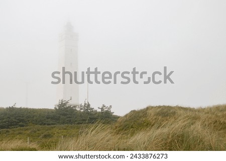 Lighthouse in the sand dunes on the beach of Blavand in fog, Jutland Denmark Europe.