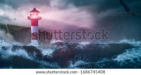 Lighthouse sea waves rain storm