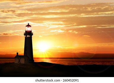 Lighthouse Searchlight Beam Near Ocean At Sunset