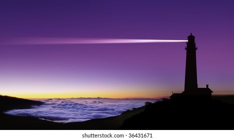 Lighthouse Searchlight Beam Through Foggy Air