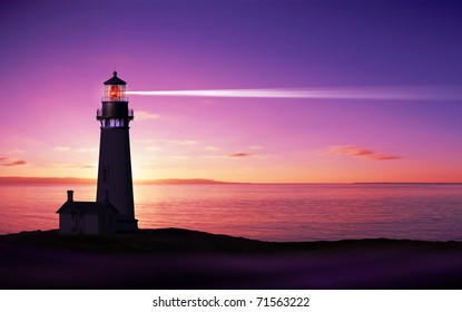 Lichtstrahl des Leuchtturms durch die Meeresluft der Nacht