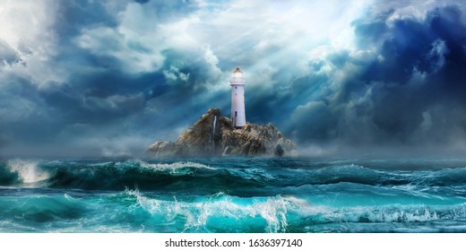 Lighthouse in storm with big waves of tsunami