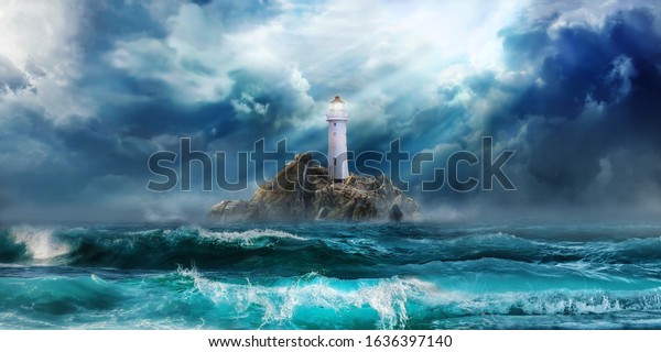 Lighthouse Storm Big Waves Tsunami Stock Photo 1636397140 | Shutterstock