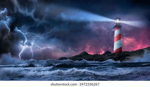 Lighthouse In Storm - Leader And Vision Concept - Landscape With Milky Way Against Dramatic Sky