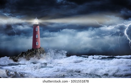 Lighthouse In Stormy Landscape - Leader And Vision Concept
				