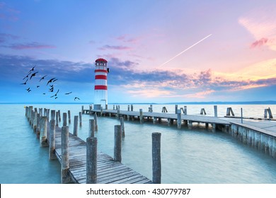 Lighthouse at sunset in Podersdorf am See, lake Neusiedler See, Burgenland, Austria                                