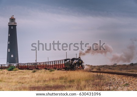 Lighthouse and train in Dungeness, England, United Kingdom