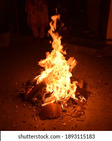 Lighting Of Bonfire During Punjabi Festival Lohri In India. Lohri Marks The End Of Winter Season And The Onset Of Longer Days