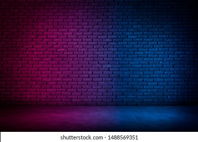 Lighting Effect red and blue on brick wall for background party happiness concept , For showing products or placing products
