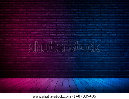 Lighting Effect red and blue on brick wall for background party happiness concept , For showing products or placing products