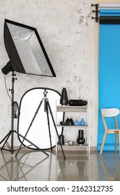 Lighting equipment and cyclorama in modern photo studio