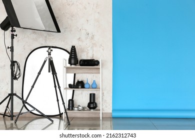 Lighting equipment and cyclorama in modern photo studio