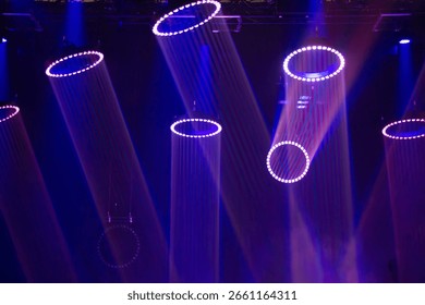 The lighting featuring multiple circular LED light fixtures , feels abstract and immersive, resembling a sci-fi setting or an avant-garde visual art installation.