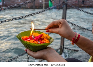 Lighting Up Flower Basket At Ganga Ghat