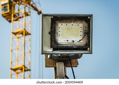 Lighting LED floodlight on a construction site for lighting in the dark