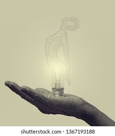 Lighting Life, A creative artwork using photography and CGI. Bulb is designed in human form.