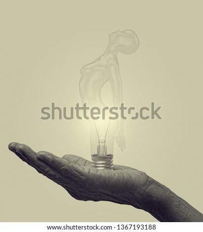 Lighting Life, A creative artwork using photography and CGI. Bulb is designed in human form.