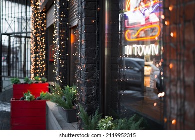 Lighting In Night Street Cafe . City Background 