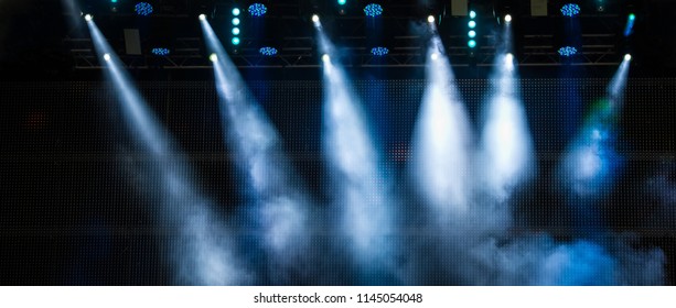 Lighting The Stage During A Musical Rock Concert And Artificial Fog. Web Banner.