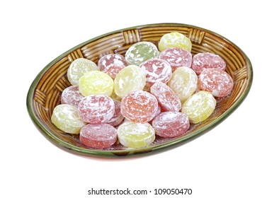 Lightly Dusted Round Hard Candy In A Dish.