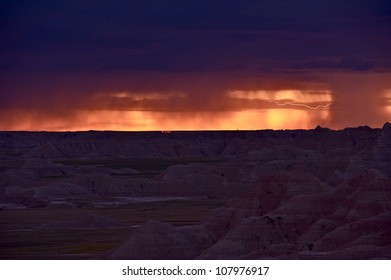 Lightning Between Clouds. Heavy Storm In The Badlands, NP, SD, U.S.A. Sever Storm During Sunset. Severe Weather Photo Collection.