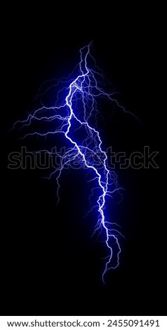 lightning bolt. Lightning flash bolt or thunderbolt. Blue lightning or magic power blast storm. Thunder and lightning isolated on black background