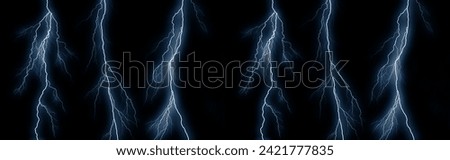 Lightning bolts isolated on black, Thunder electric strike. Thunderstorm and lightning
