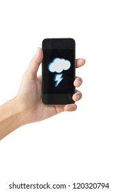 Lightning and cloudy icon on touch screen mobile phone, weather forecast concept.