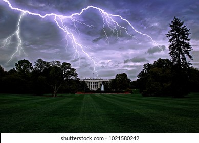 Lightning Over The White House In Washington DC, USA. Dramatic Storm Sky