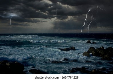 Lightning Storm Offshore Sea Coast