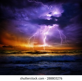 Lightning And Storm On Sea To The Sunset - Bad Weather 