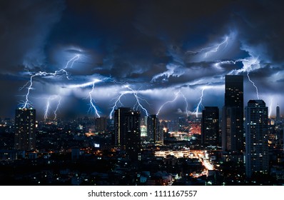 Lightning Storm Over City In Blue Light