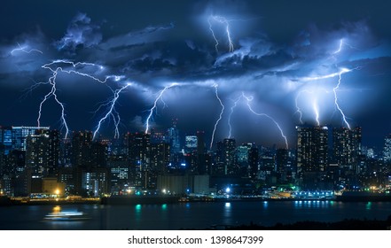 Lightning Storm Over City In Blue Light