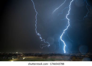 Lightning Storm Over A Small City In Kansas