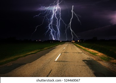 Lightning Storm And Road