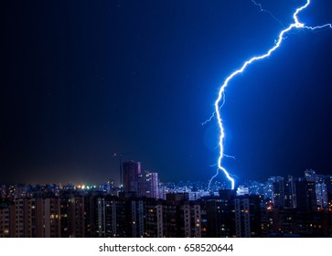 Lightning Strike In The City Kyiv.. Storm Outside. Thunderstorm With Lightning In The City. Moment Lightning